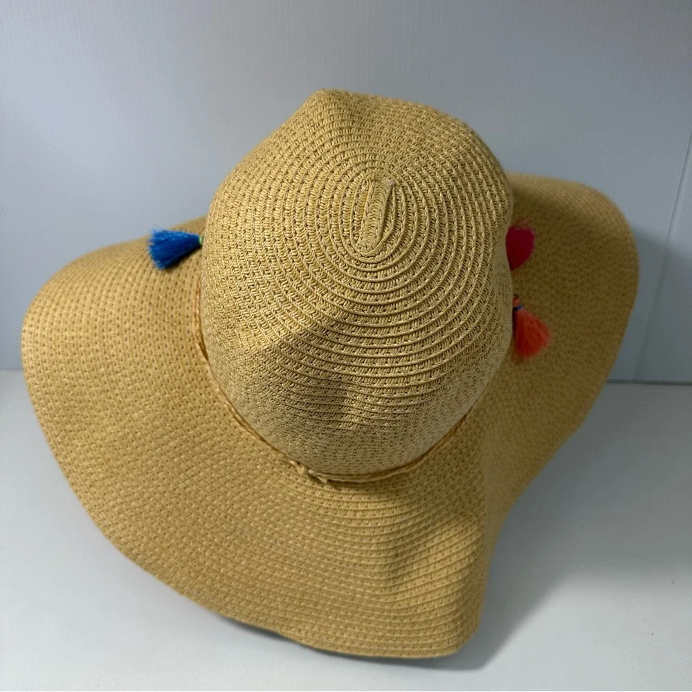 C.C Exclusives Stylish Tan Wide-Brim Hat colorful Tassel Accents Beach Vacation